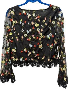 Jack by BB Dakota Black Sheer Floral Embroidered Long-Sleeve Top
